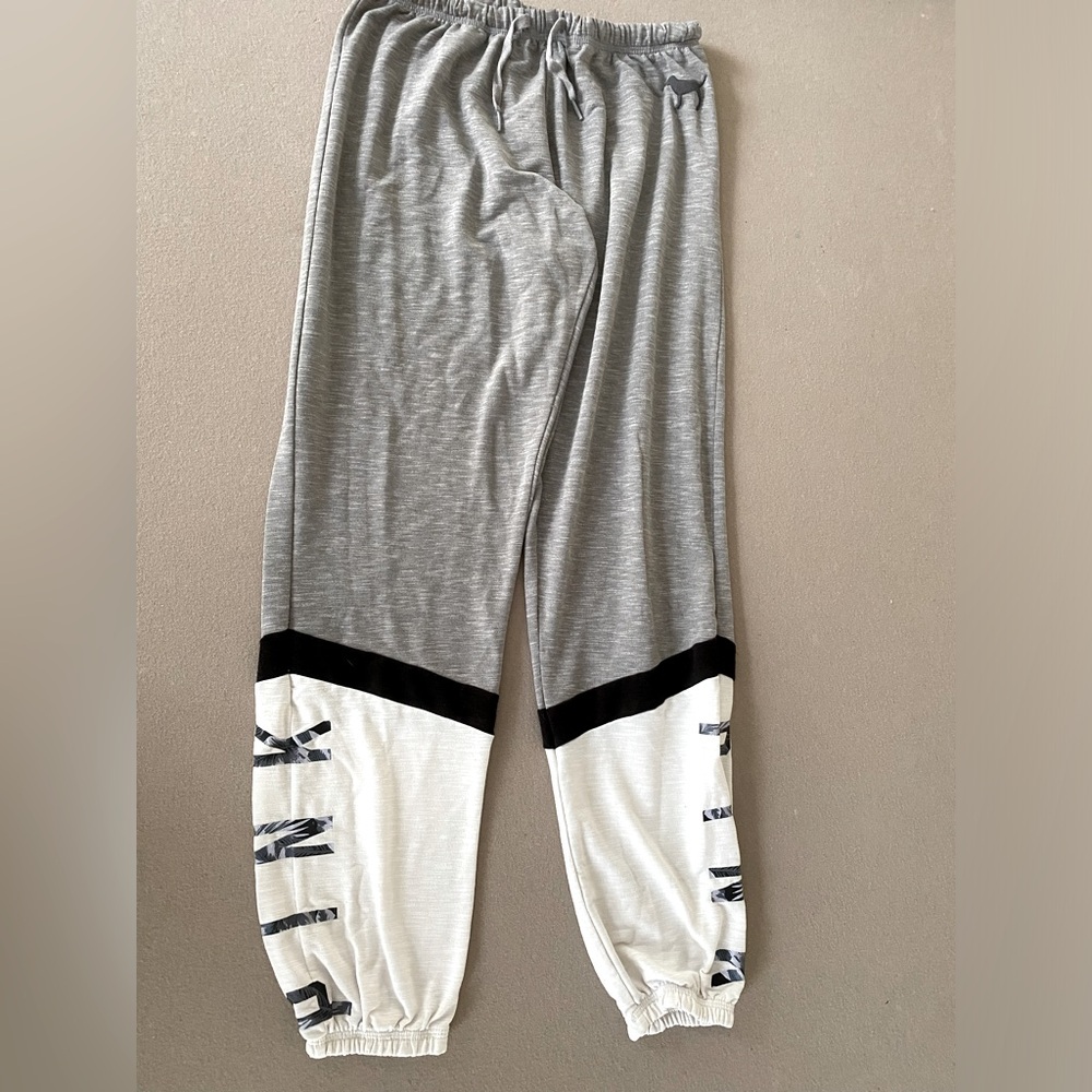 PINK sweatpants grey, black, and white